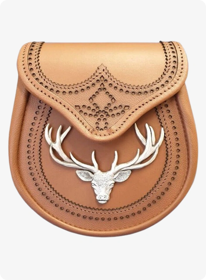 Hand Made Stag Head Brogued Tan Leather Sporran