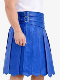 Standard Blue leather skirt with a belt on a white background