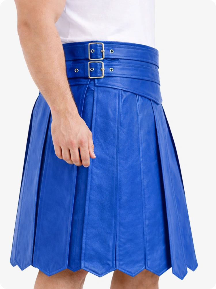 Standard Blue Leather Highland Kilt Adjustable Buckle Waist & Classic Pleats