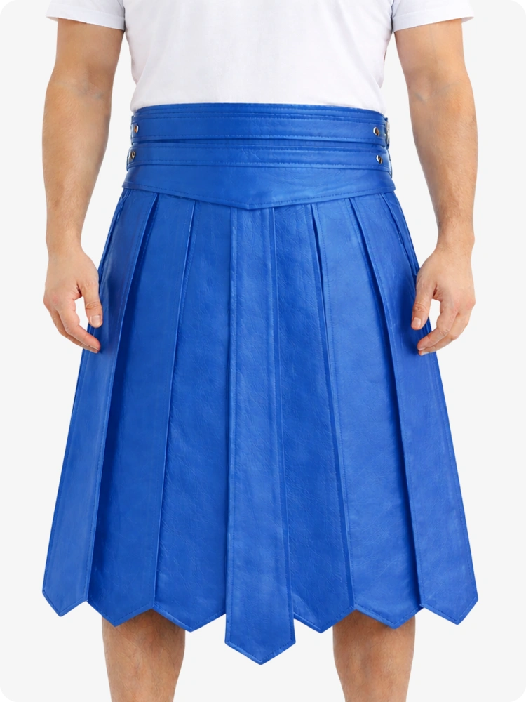 Standard Blue Leather Highland Kilt Adjustable Buckle Waist & Classic Pleats