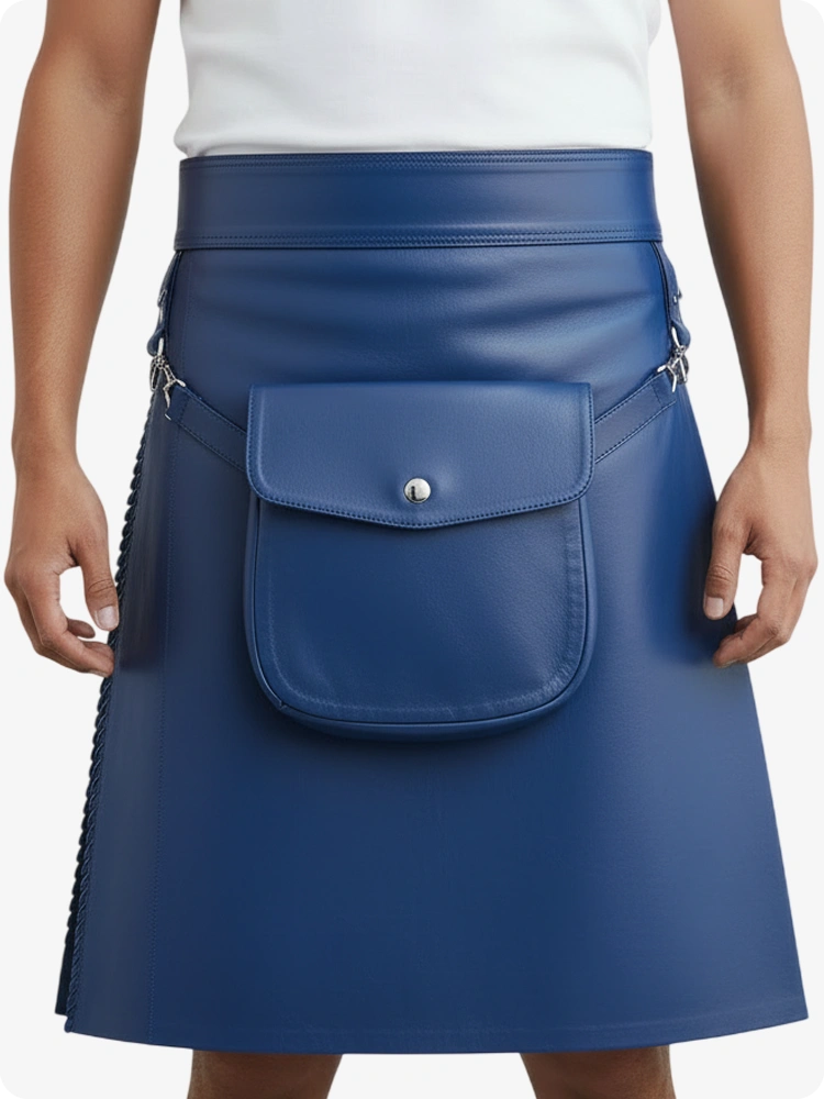 Kilt in pelle pieghettato blu standard con passanti cintura e cinghie laterali