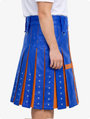 Standard Blue and orange pleated kilt worn by a person on a white background