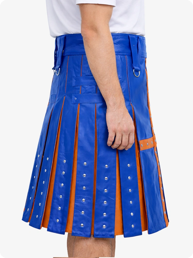 Standard Blue Leather Utility Kilt with Brown Cross Panel & Metal Rivet Detailing
