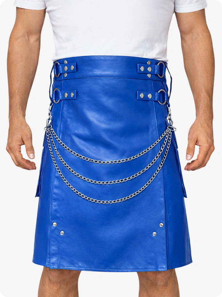 Standard Blue Leather Utility Kilt with Chain Detailing & Adjustable Straps