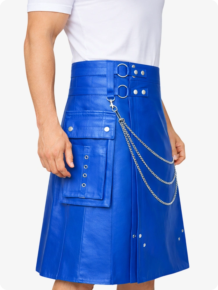 Standard Blue Leather Utility Kilt with Chain Detailing & Adjustable Straps