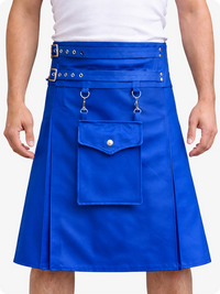 Standard Blue Leather Utility Kilt with Front Pocket & Adjustable Buckle Straps