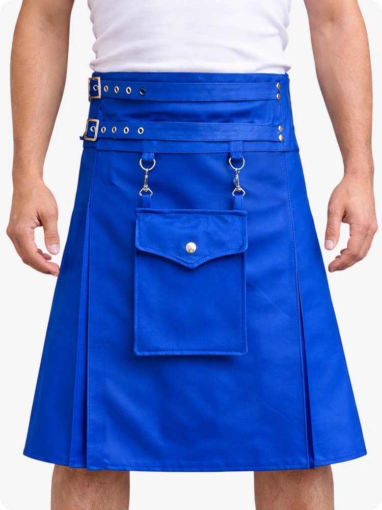 Standard Blue Leather Utility Kilt with Front Pocket & Adjustable Buckle Straps