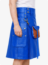 Standard Blue leather Kilt with gold buttons and a brown pocket on a white background
