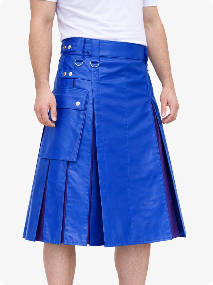 Standard Blue Leather Utility Kilt with Purple Pleats, Side Pockets & D-Ring Hardware