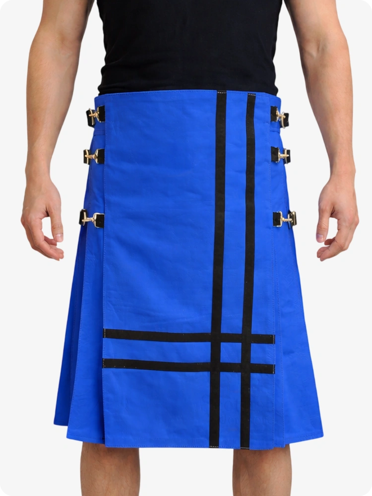 Standard Blue Leather Utility Kilt with Side Buckles & Pleated Back