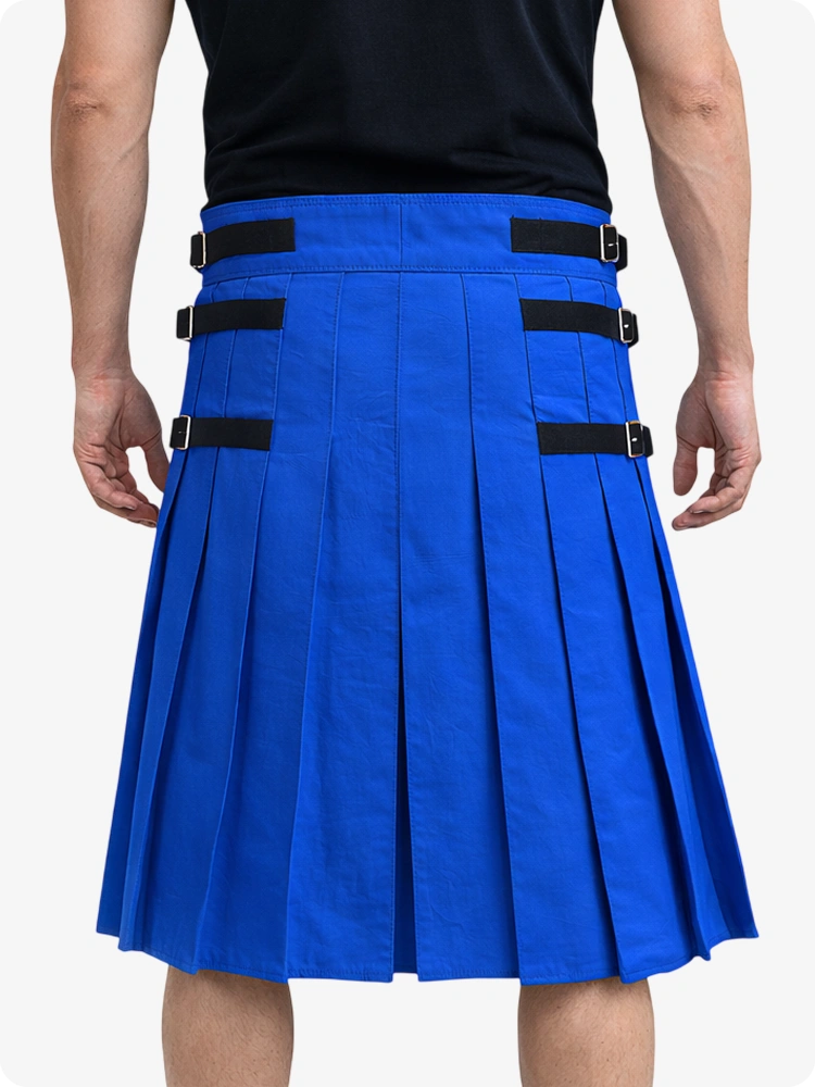 Standard Blue pleated kilt with black belts on a white background