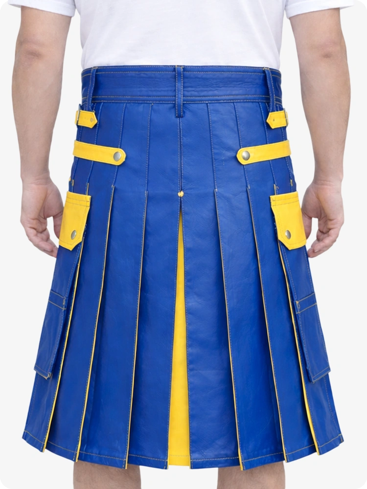 Standard Blue Leather Utility Kilt with Yellow Accents & Detachable Pockets