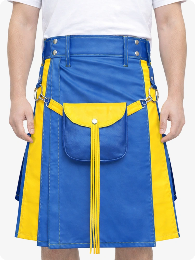 Standard Blue Leather Utility Kilt with Yellow Accents & Detachable Pockets