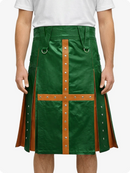 Standard Green kilt with brown accents worn by a person on a white background