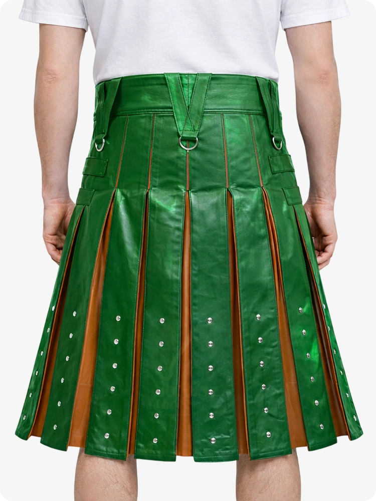 Standard Green leather kilt with brown accents worn by a person on a white background
