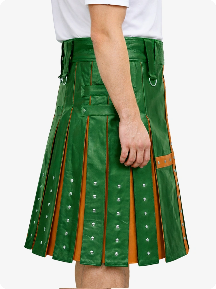 Standard Green Leather Utility Kilt with Brown Cross Panel & Metal Rivet Detailing