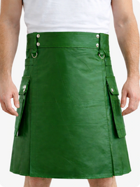 Standard Green Genuine Leather Utility Kilt with Cargo Pockets & D-Rings