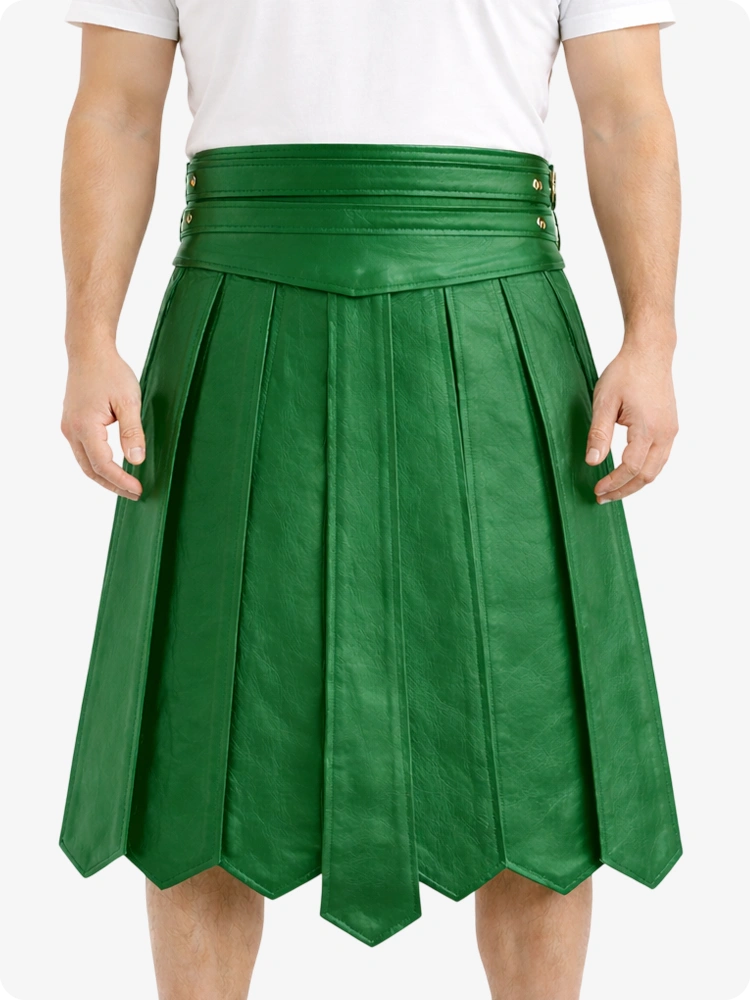 Standard Green Leather Highland Kilt Adjustable Buckle Waist & Classic Pleats