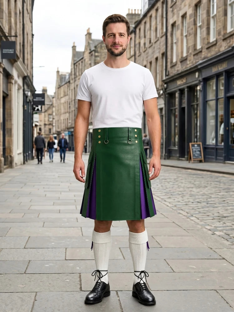 Standard Green Leather Kilt With Purple Pleats Front Side