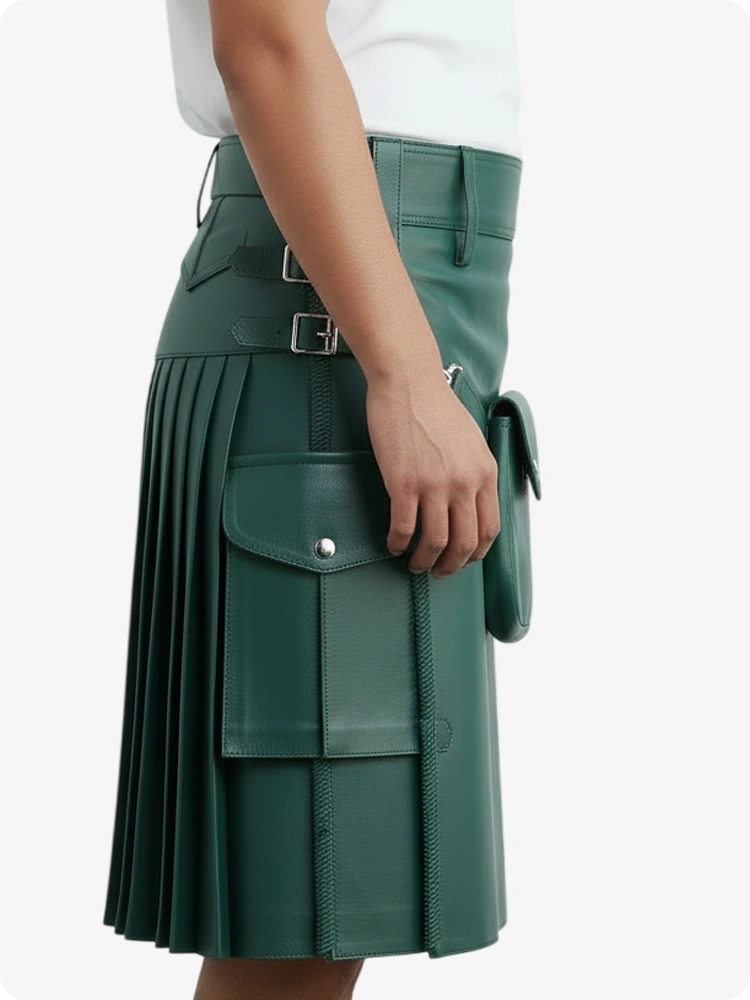 Kilt in pelle pieghettato verde standard con passanti cintura e cinghie laterali