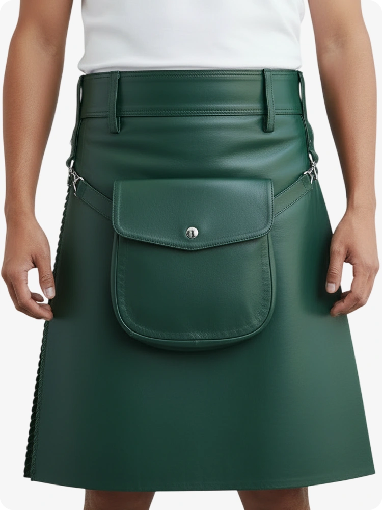 Kilt in pelle pieghettato verde standard con passanti cintura e cinghie laterali
