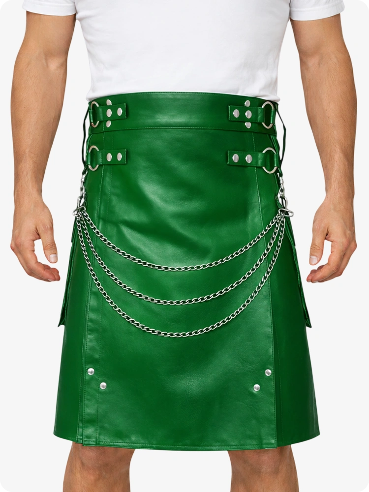 Standard Green Leather Utility Kilt with Chain Detailing & Adjustable Straps