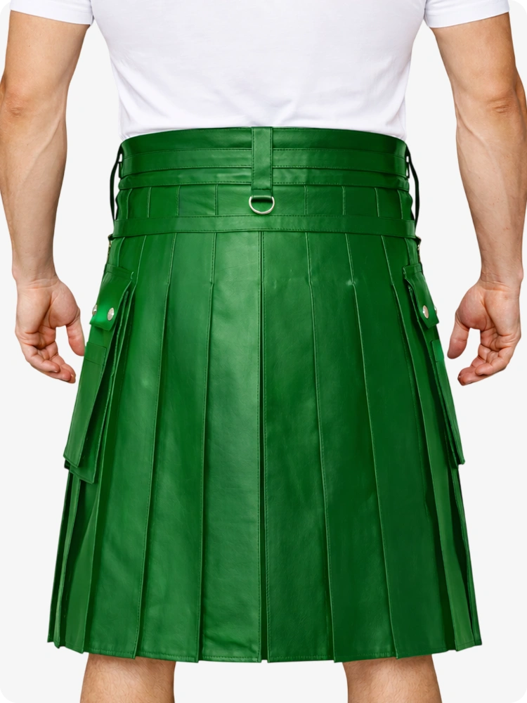 Standard Green pleated kilt worn by a person on a white background
