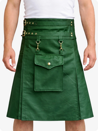 Standard Green kilt with gold accents worn by a person on a white background