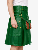 Standard Green leather kilt with gold buttons and a brown pouch