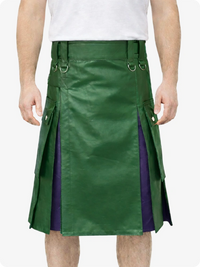 Standard Green kilt with purple accents worn by a person on a white background