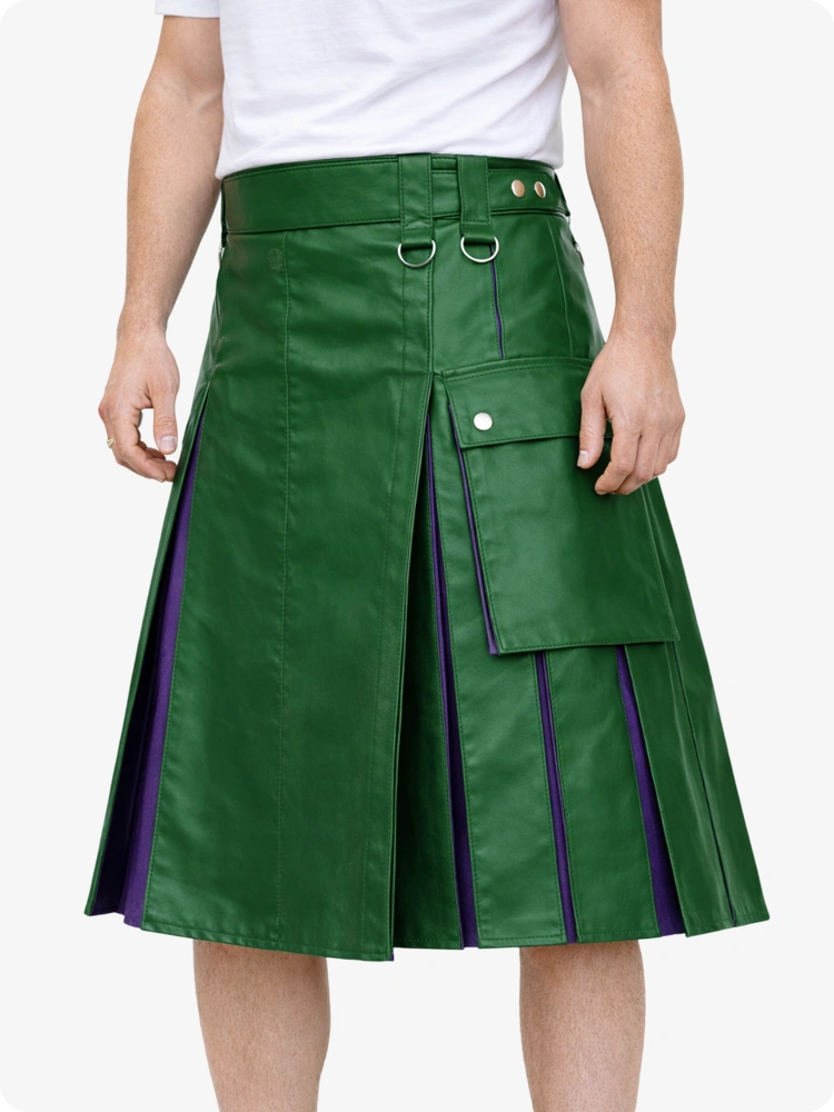 Standard Green kilt with purple accents worn by a person on a white background