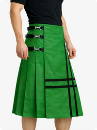 Standard Green skirt with black straps and buckles on a white background
