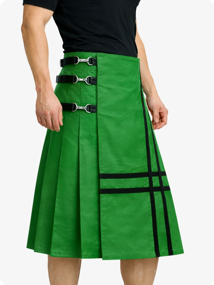 Standard Green Leather Utility Kilt with Side Buckles & Pleated Back