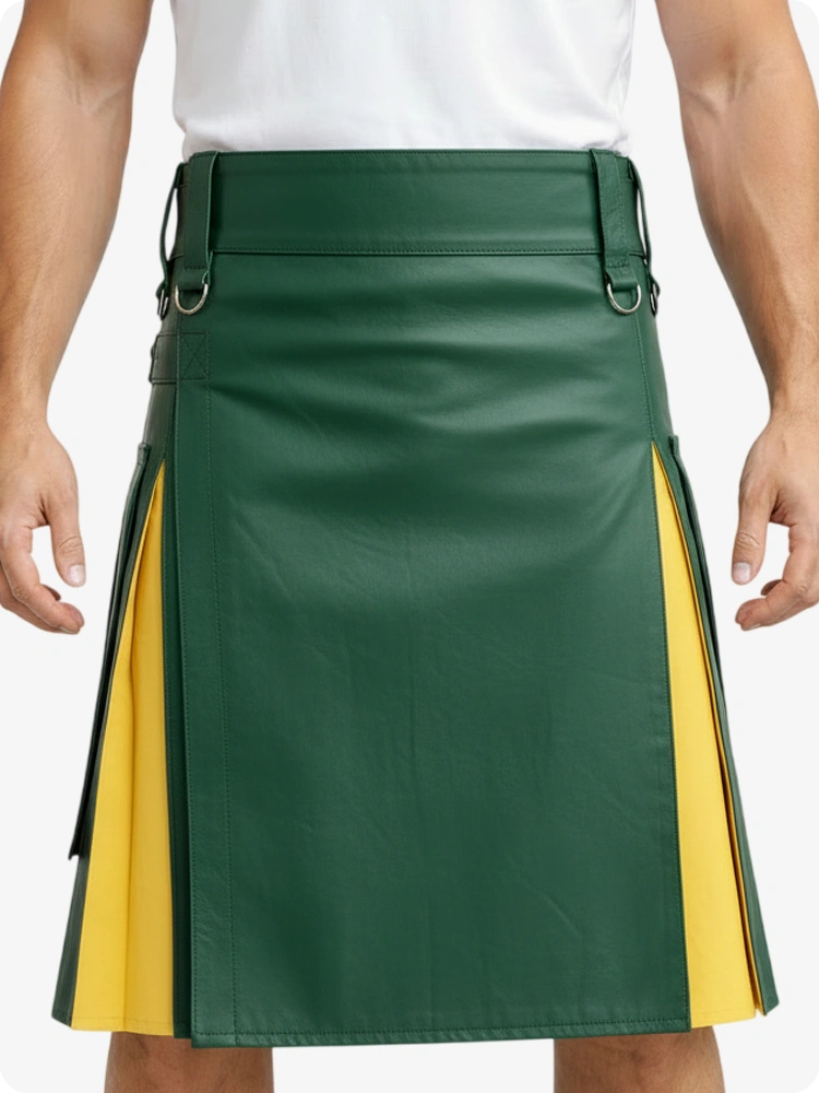 Kilt in pelle verde standard e giallo con tasche cargo