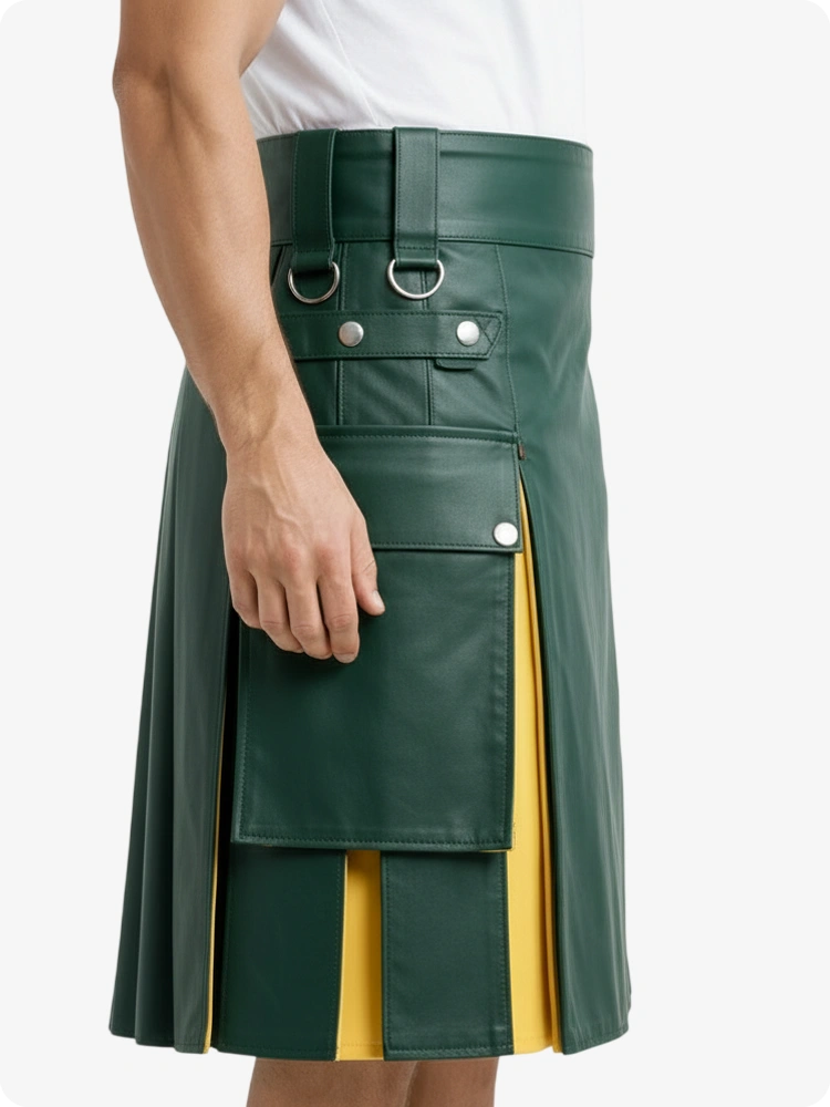 Kilt in pelle verde standard e giallo con tasche cargo