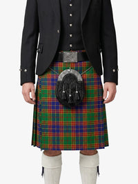 Person wearing a traditional Scottish kilt with a tartan pattern on a white background