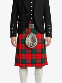 Person wearing a black jacket and red plaid kilt with a silver sporran on a white background