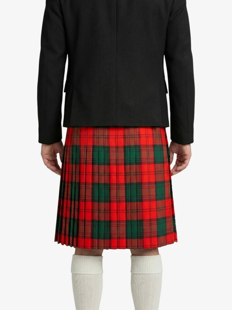 Person wearing a black jacket and red plaid kilt on a white background