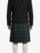 Person wearing a black jacket and green plaid kilt on a white background