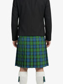 Person wearing a black jacket and green plaid kilt on a white background