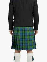 Person wearing a black jacket and green plaid kilt on a white background