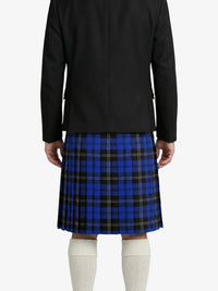 Person wearing a black jacket and blue plaid kilt on a white background