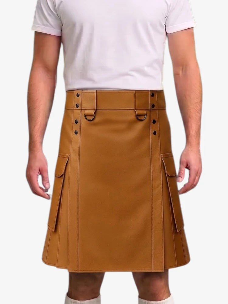 Tan Brown Leather Kilt For Men Tactical Utility Kilts
