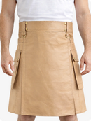 Tan Genuine Leather Utility Kilt with Cargo Pockets & D-Rings