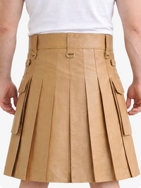 Tan Genuine Leather Utility Kilt with Cargo Pockets & D-Rings