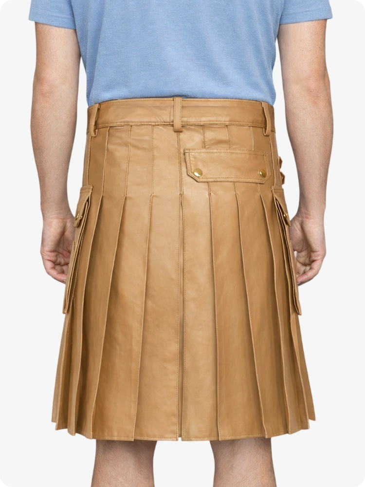 Tan Genuine Leather Utility Kilt with Side Pockets