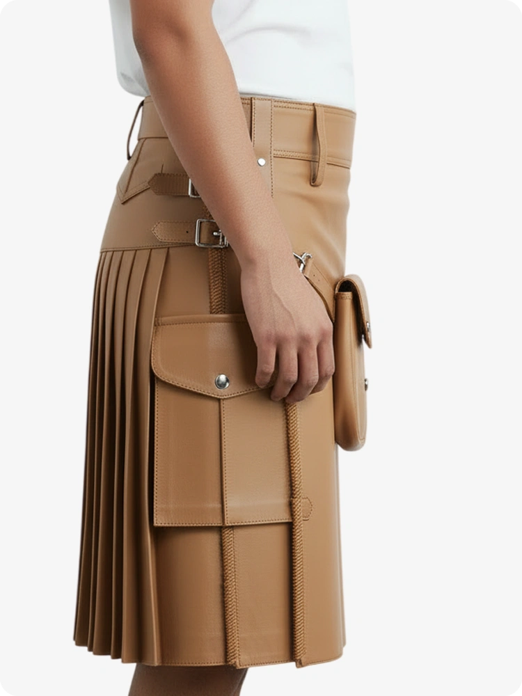 Kilt in pelle pieghettato tan con passanti cintura e cinghie laterali