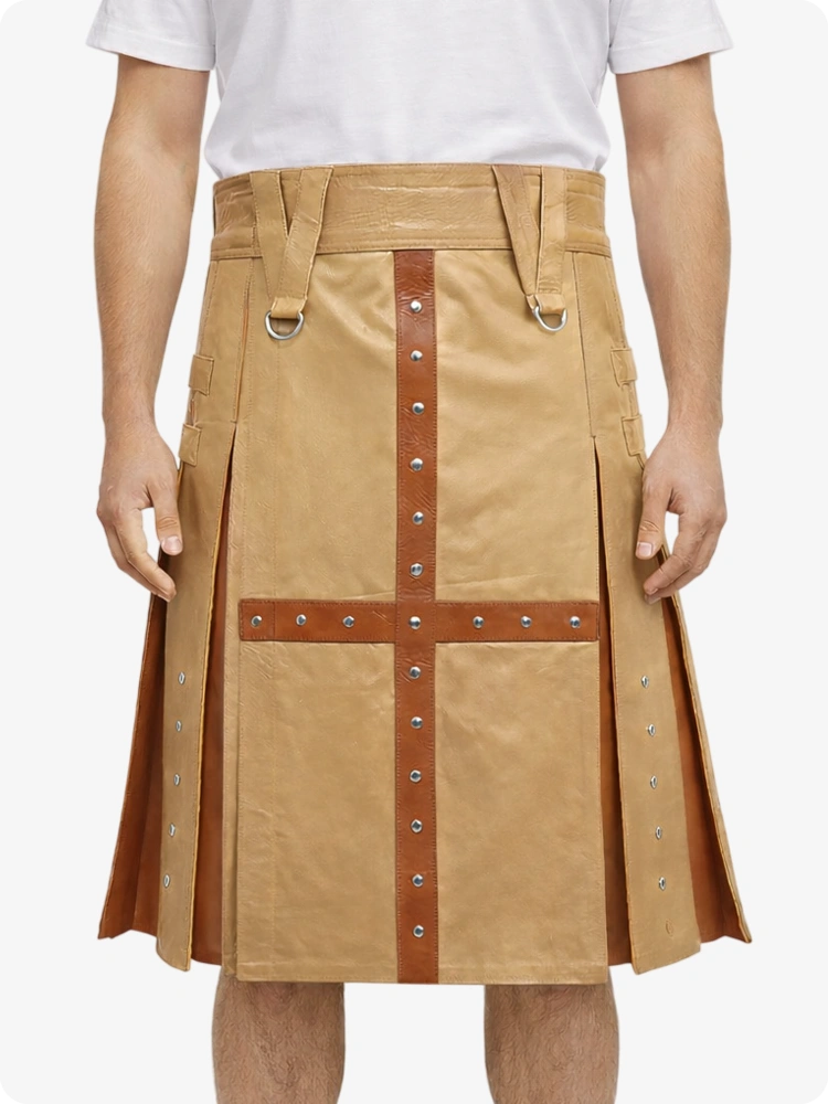 Tan kilt with brown straps and silver buttons on a white background