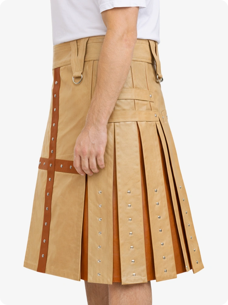 Tan kilt with brown accents on a white background