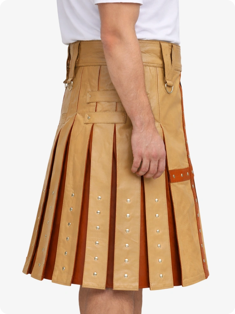 Tan kilt with decorative studs on a white background